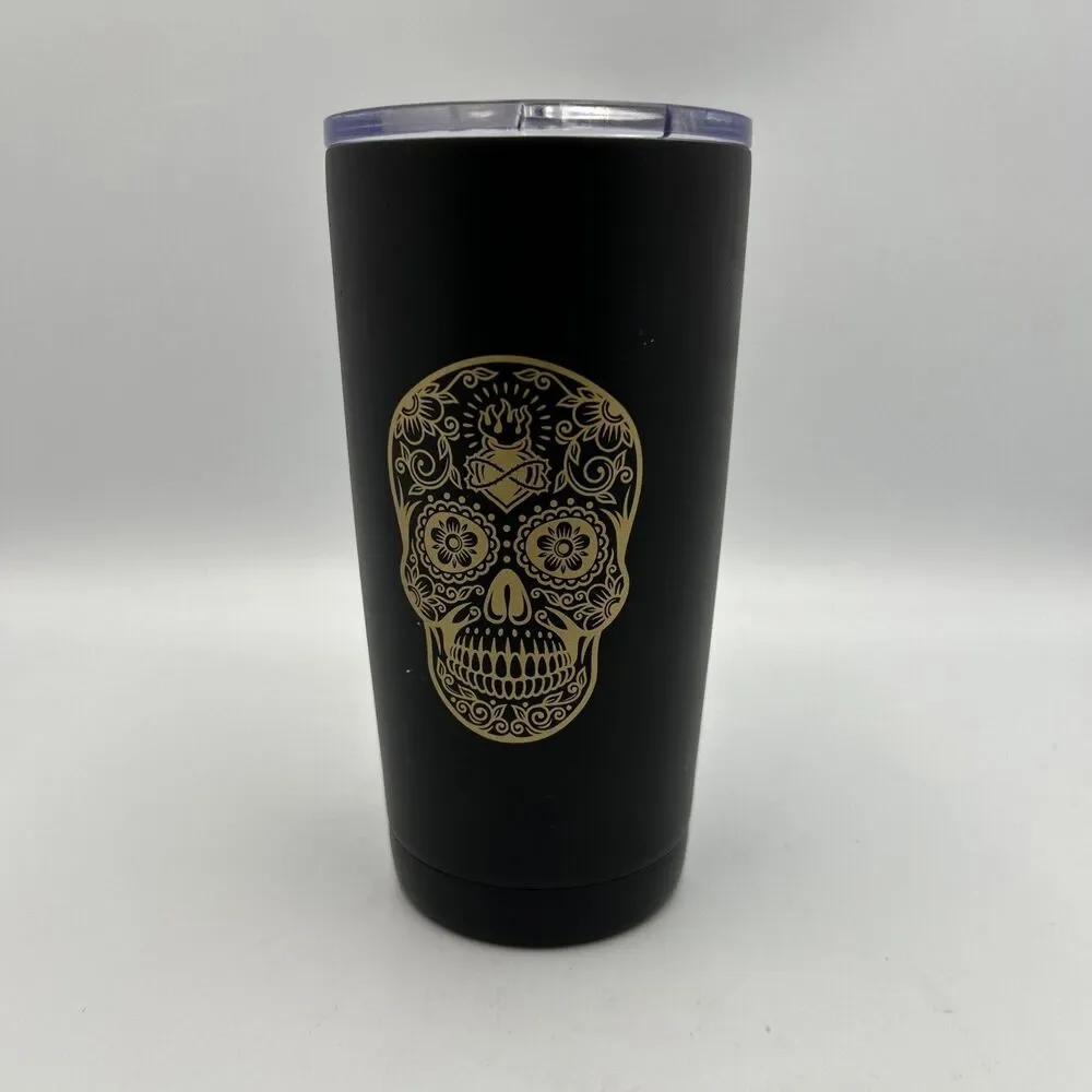 Black 18 oz Travel Tumbler Sugar Skull Nightmare Before Coffee Halloween-NWT